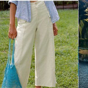 Anthropologie Blake Cargo Pocket Wide Leg Crop Raw Edge Pants Ivory Size 4